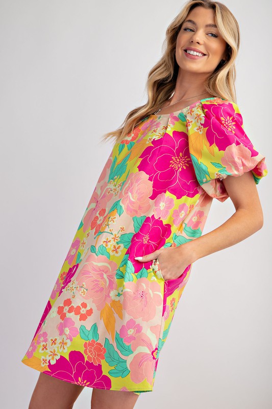FLORAL PRINT POPLIN  DRESS - Magenta