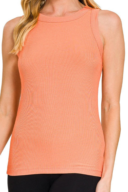 Ribbed Round Neck Tank -Coral