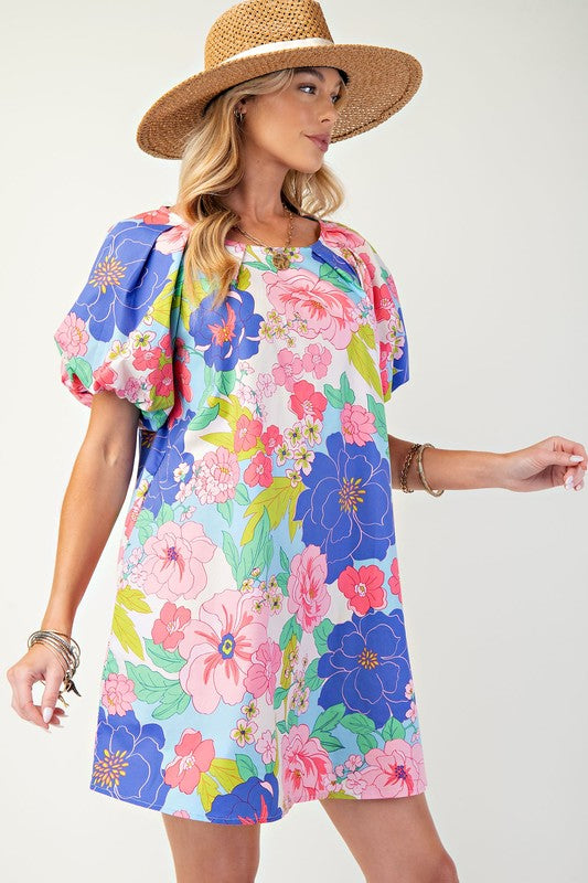 FLORAL PRINT POPLIN  DRESS - Blue