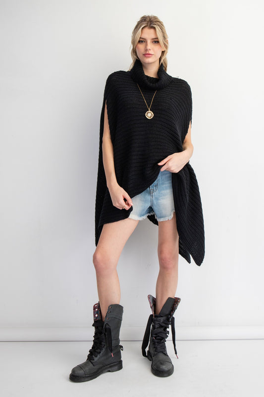 TURTLE NECK KNIT SWEATER PONCHO, Black