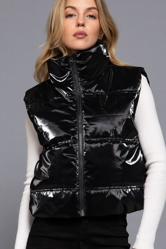 High Neck Zip Up Vest - Black
