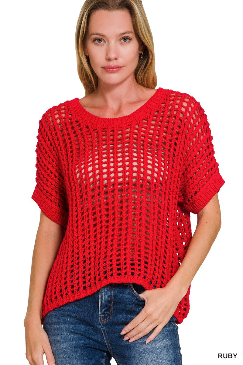 Fish Net Short Sleeve Crochet Sweater