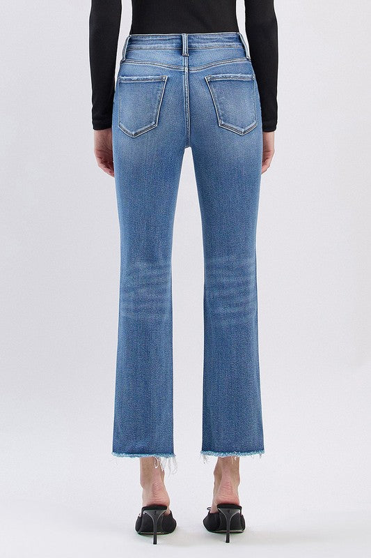 HIGH RISE UNEVEN RAW HEM SLIM STRAIGHT JEANS
