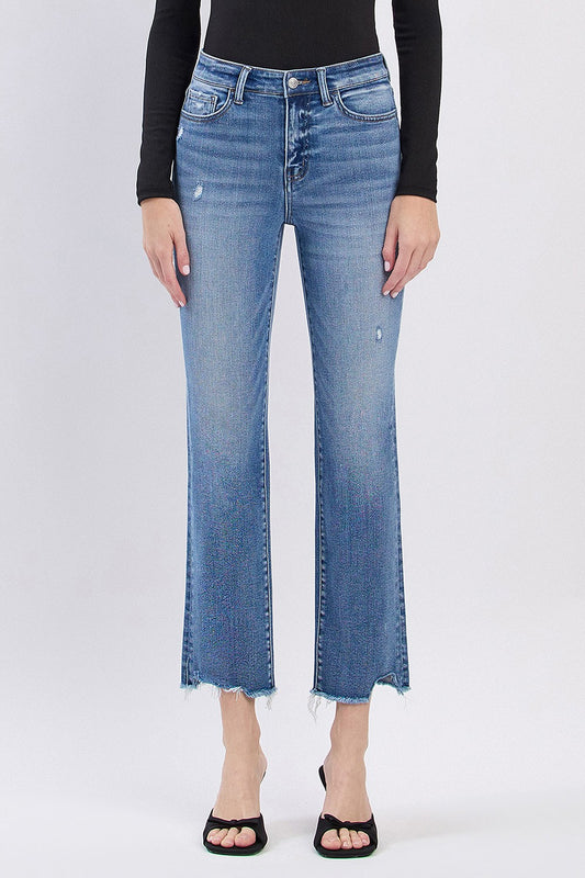HIGH RISE UNEVEN RAW HEM SLIM STRAIGHT JEANS