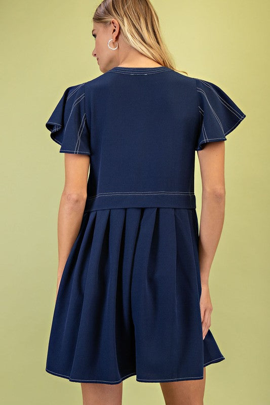Soft Pleated Flutter Sleeve Dress - Navt