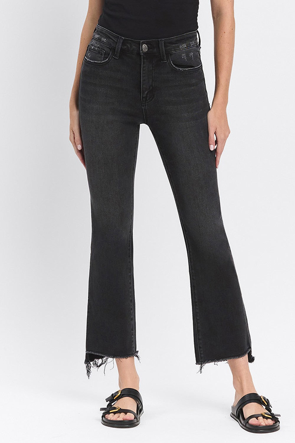 HIGH RISE RAW STEP HEM CROP FLARE JEANS  Black- Vervet