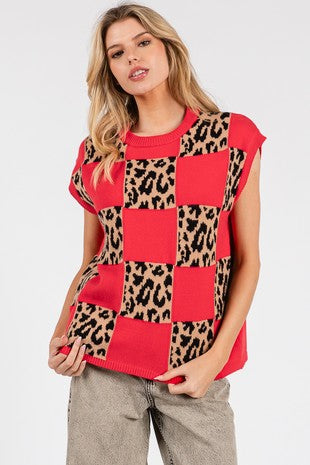 Leopard Checkered Knit Sweater Vest