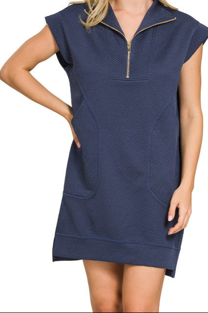 Textured  Quarter Zip Dress - Navy