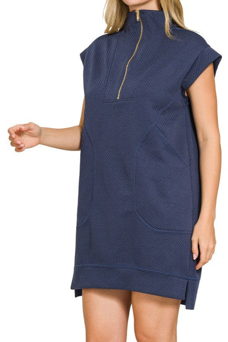 Textured  Quarter Zip Dress - Navy