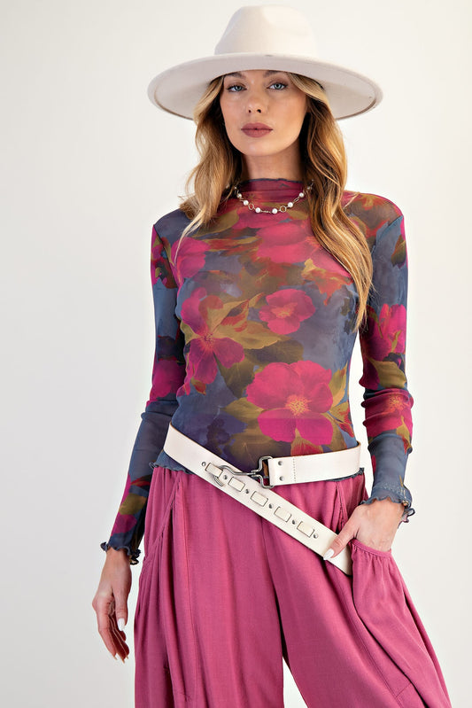 Printed Mesh Fitted Top - Magenta