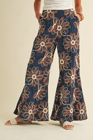 Floral Embroidery Wide Palazzo Pants