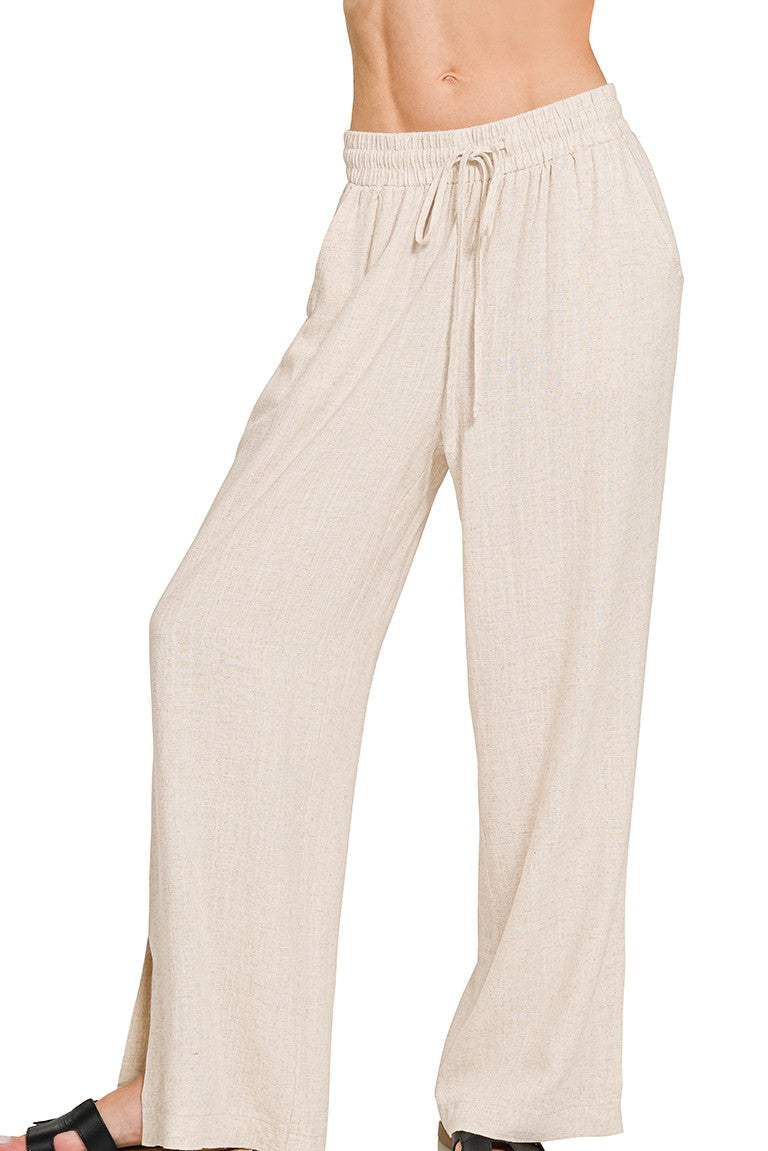 Linen Drawstring Pants - Sand Beige