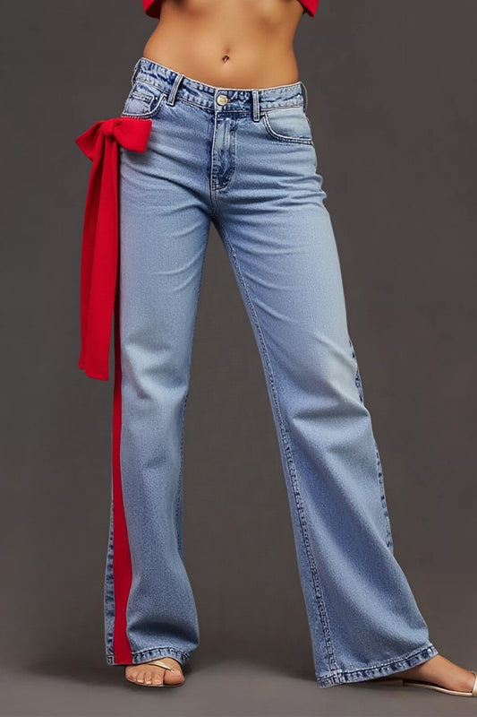 Bow Side Ribbon Straight Jeans - Red