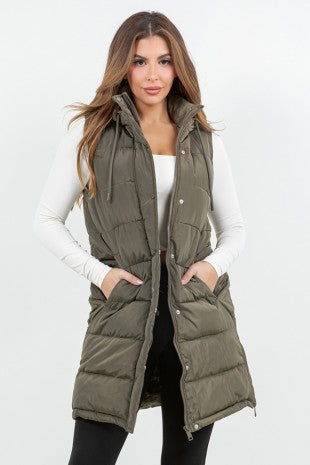Long Puffy Vest - Olive