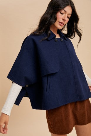 Corduroy Cape Style Half Trench Jacket - Navy