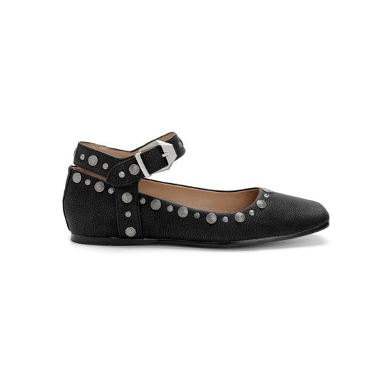 Studded Ankle Strap Ballerina Flats - Black