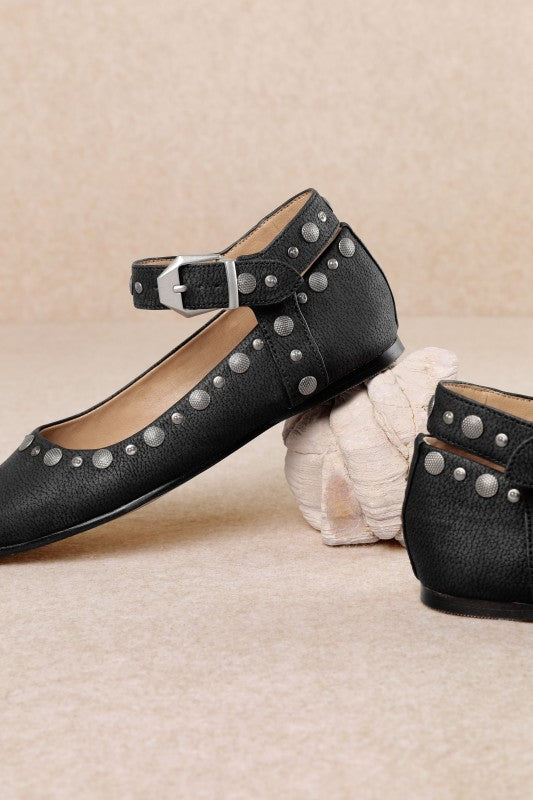 Studded Ankle Strap Ballerina Flats - Black