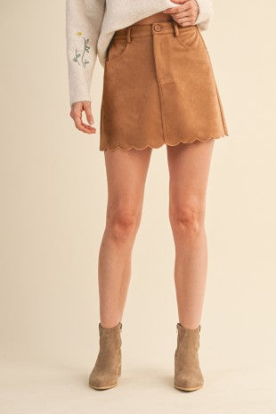 Suede Scallop Skirt With Elastic Waist