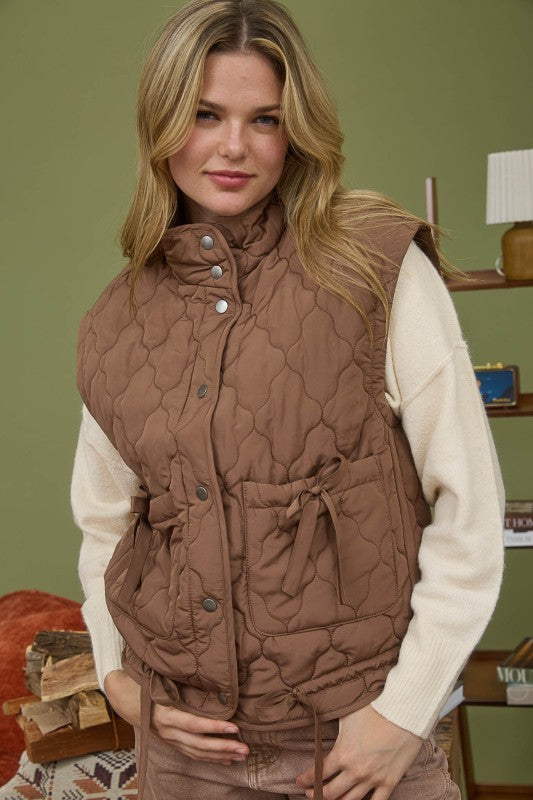 Tie Quilted Puffer Vest -Mocha