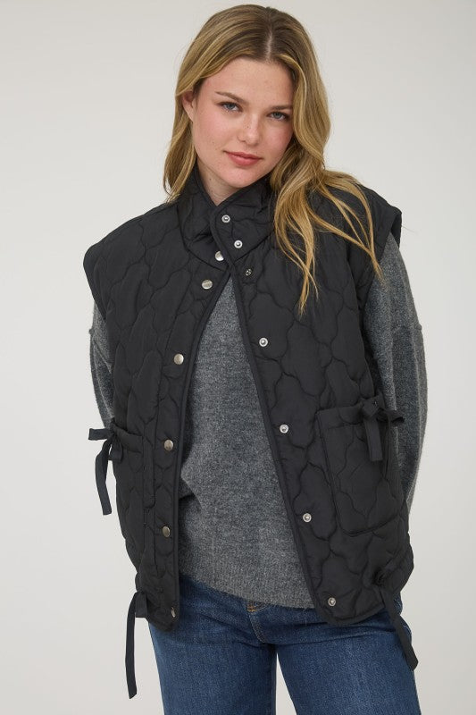 Tie Quilted Puffer Vest -Black