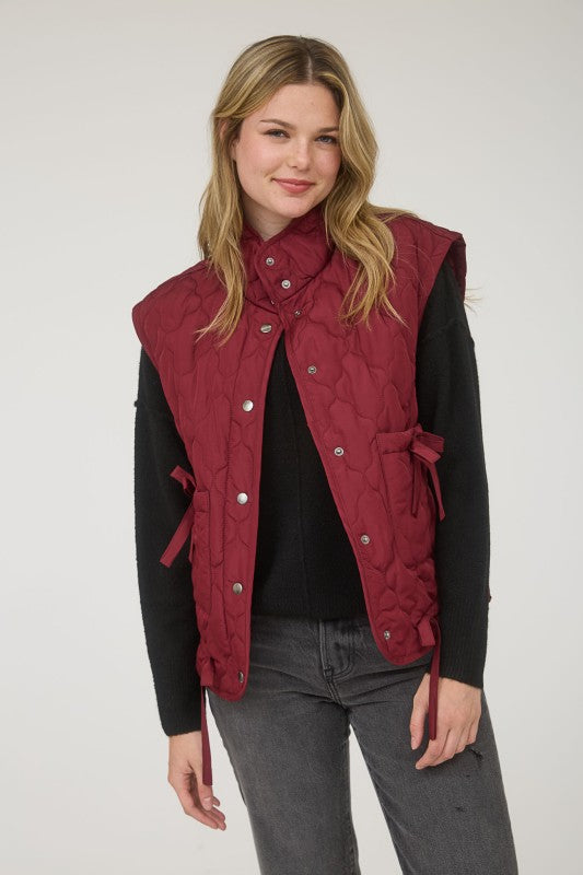 Tie Quilted Puffer Vest -Burgandy