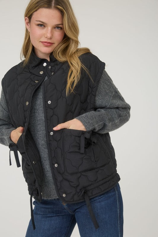 Tie Quilted Puffer Vest -Black