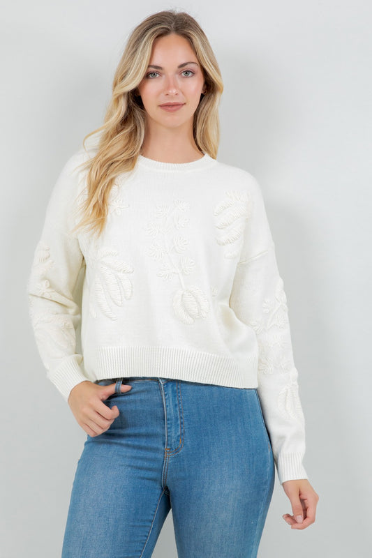 Floral Embroidery Crewneck Sweater