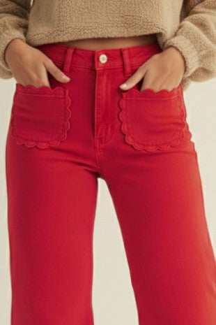 Mid Rise Scallop Pocket Wide Leg - Red