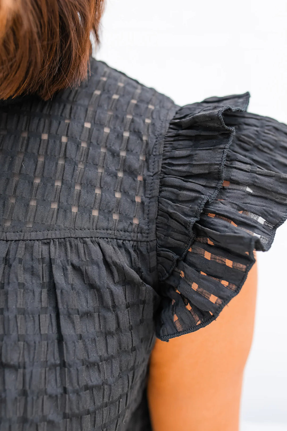 Black Hollowed Texture Ruffle Sleeve Top