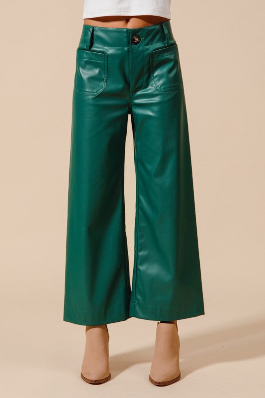 Mid Rise Faux Leather Wide Leg Boot Cut Pants - Hunter Green