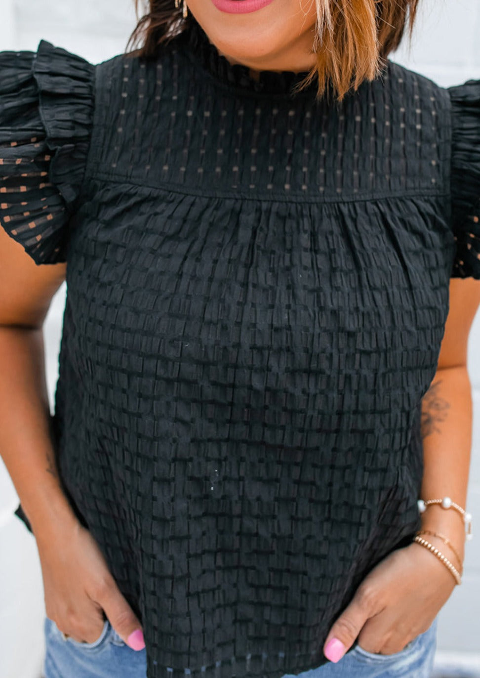 Black Hollowed Texture Ruffle Sleeve Top