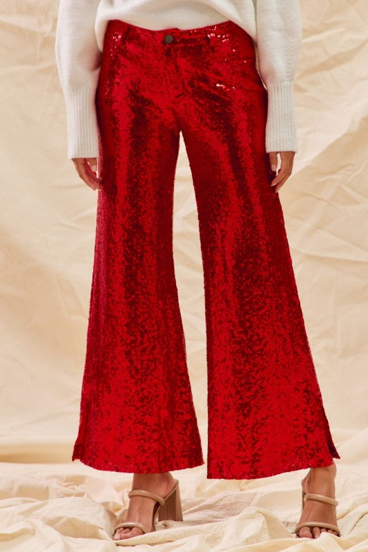 Mid Rise Leg Flare Sequin Holiday Pants Red
