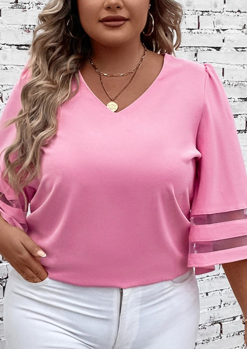 Mesh Striped Bell Sleeve Blouse - Curvy