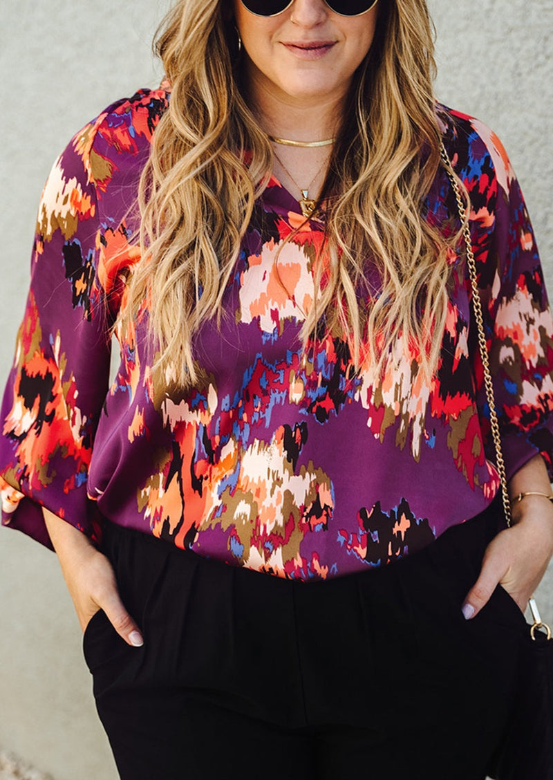 Abstract Print V-Neck Long Sleeve Blouse - Curvy