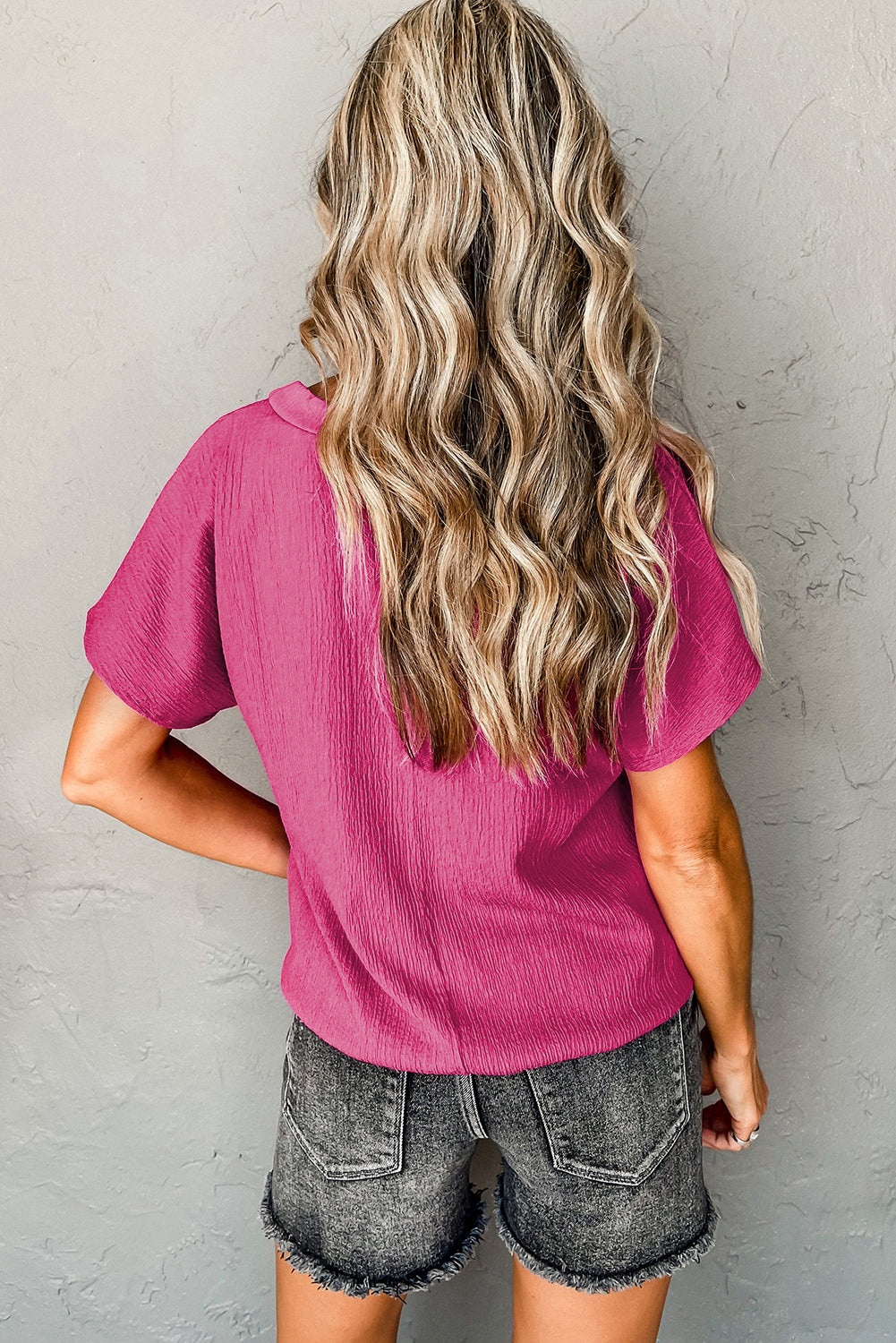 Pink Crinkled V Neck T-Shirt