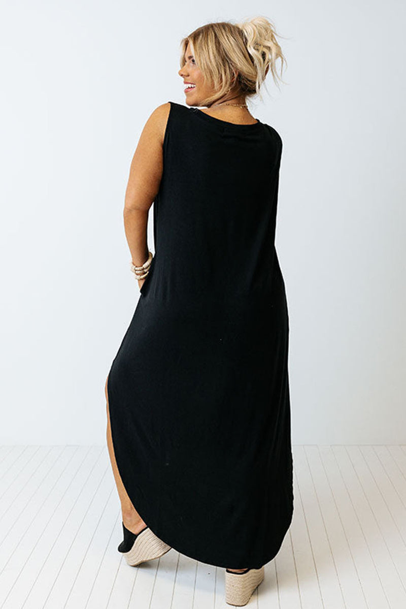 Black Wide Sleeveless Shoulder Straps Maxi Dress - Curvy