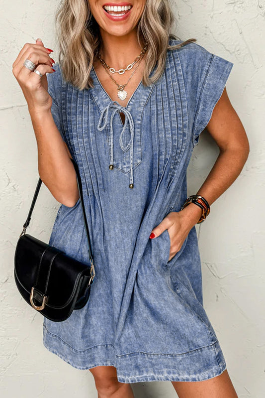 Blue Tie Short Sleeve Denim Dress