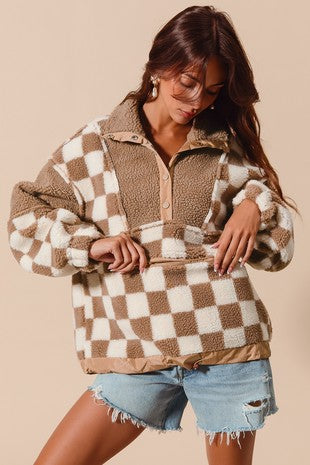 CHECKERED FLEECE BLOCK PULLOVER TOP