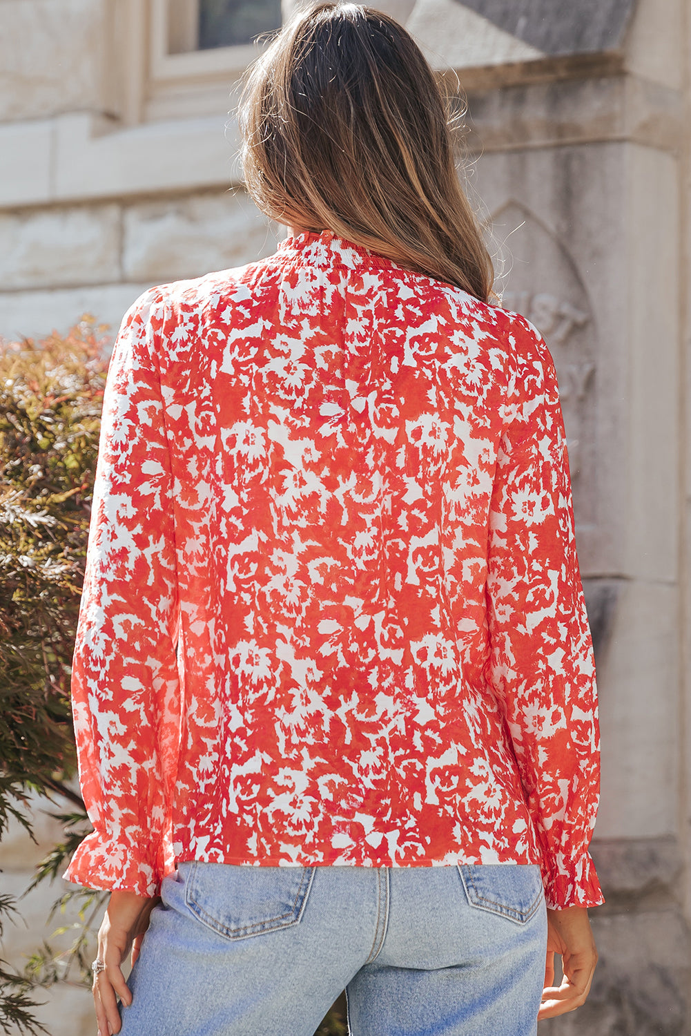 Coral Floral Ruffled Notched V-Neck Blouse