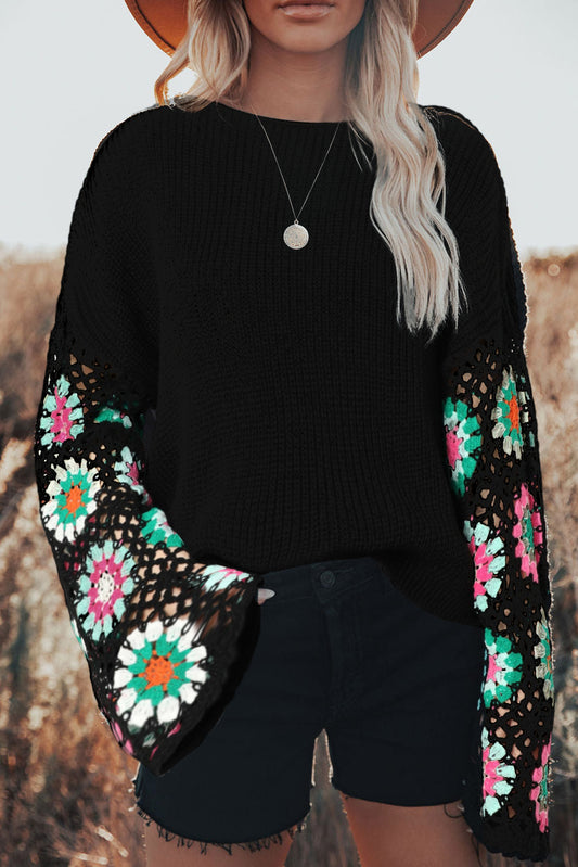 Black Floral Crochet Bell Sleeve