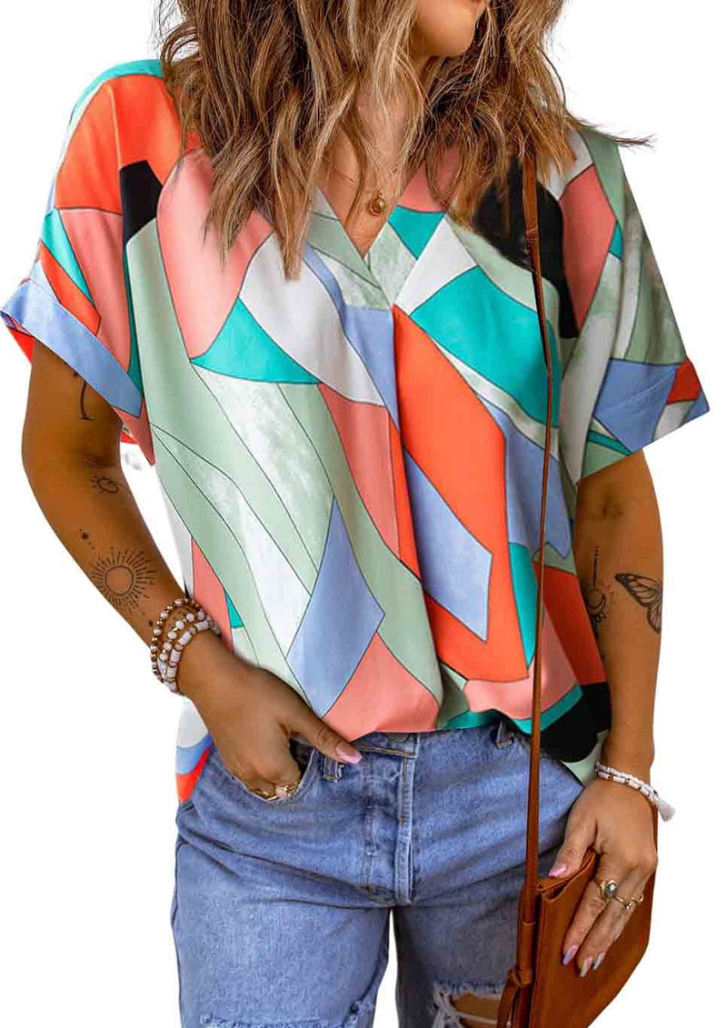 Multicolor Colorblock Printed Short Sleeve Blouse