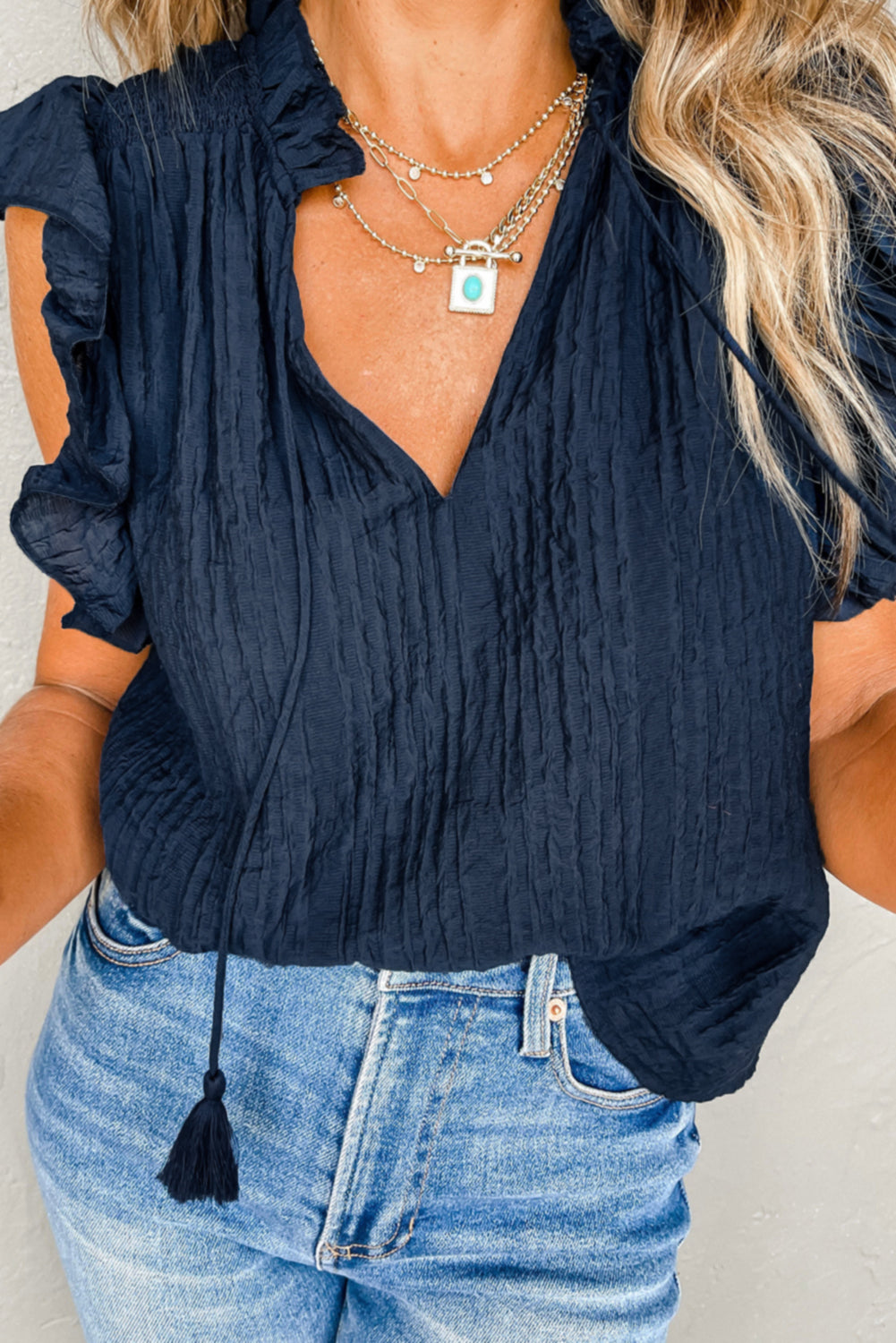 Navy Blue Flutter Sleeve Textured Blouse