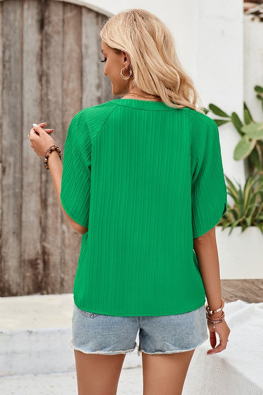 Green Pleated V Neck Side Open Blouse
