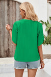 Green Pleated V Neck Side Open Solid Blouse
