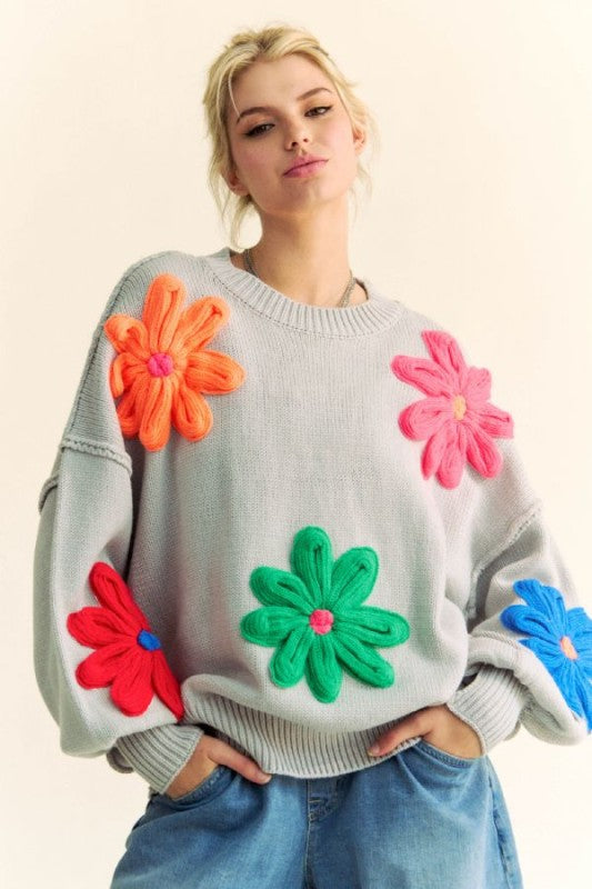 Floral Sweater Top - Silver