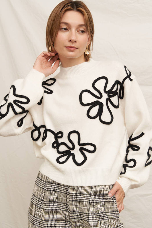 Floral Outline Mock Neck Sweater