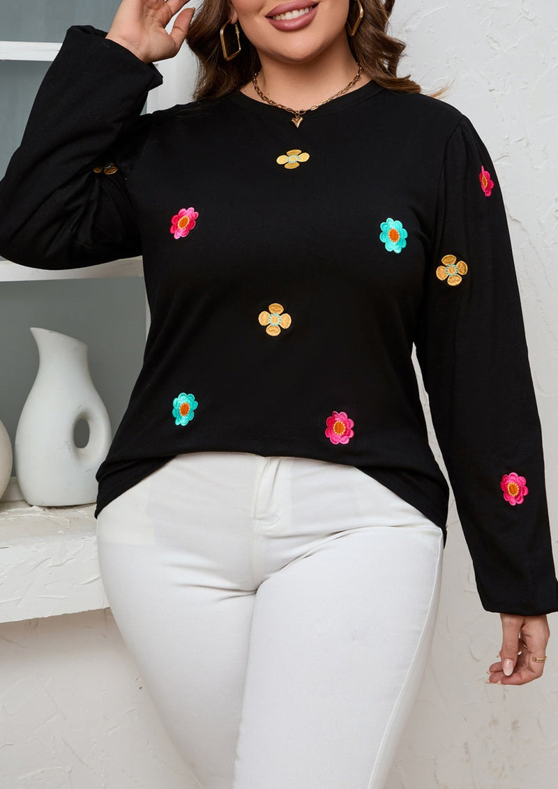 Black Flower Embroidered Top - Curvy