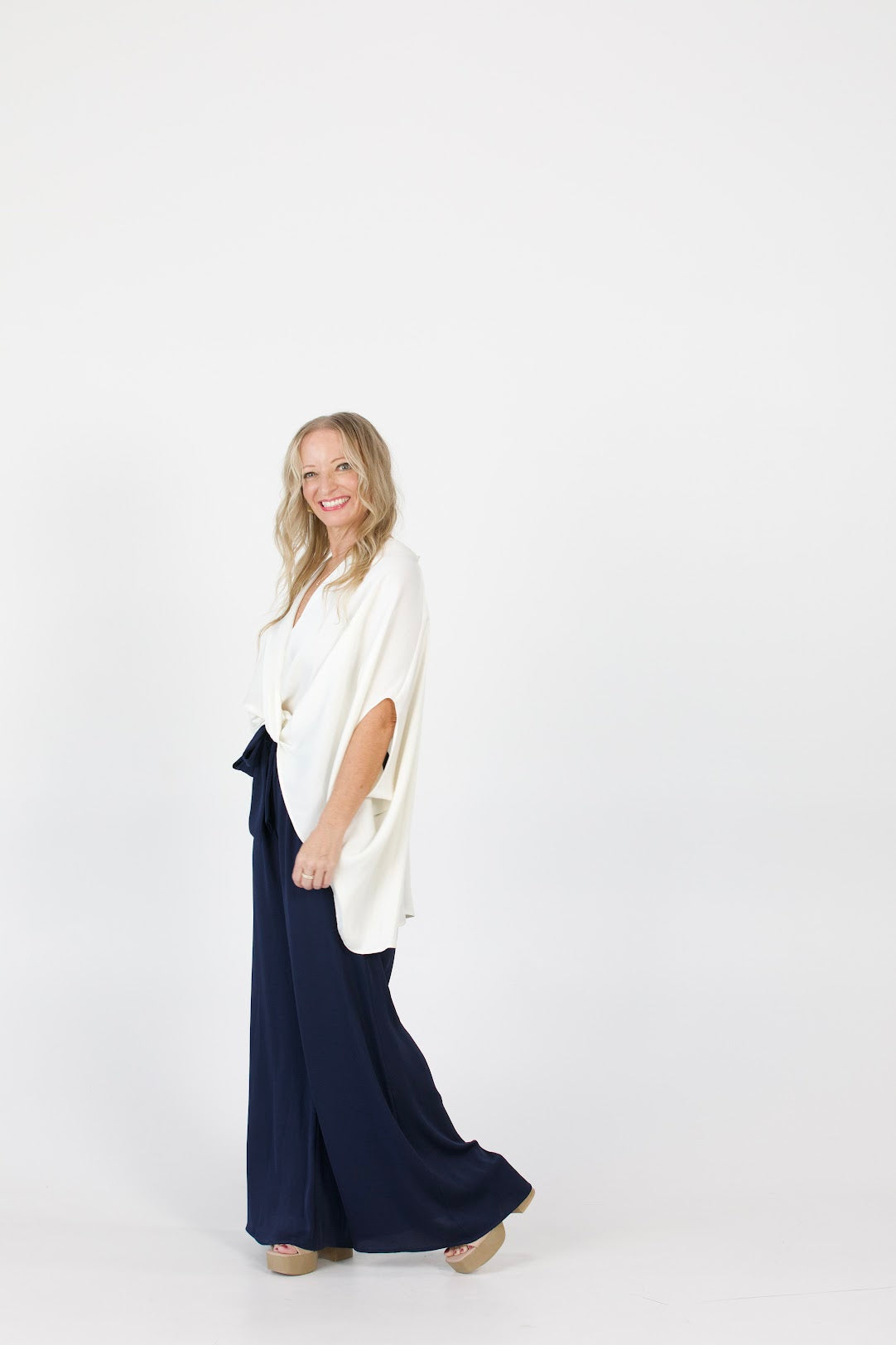 Tie Waist Wide Leg Pants - Navy
