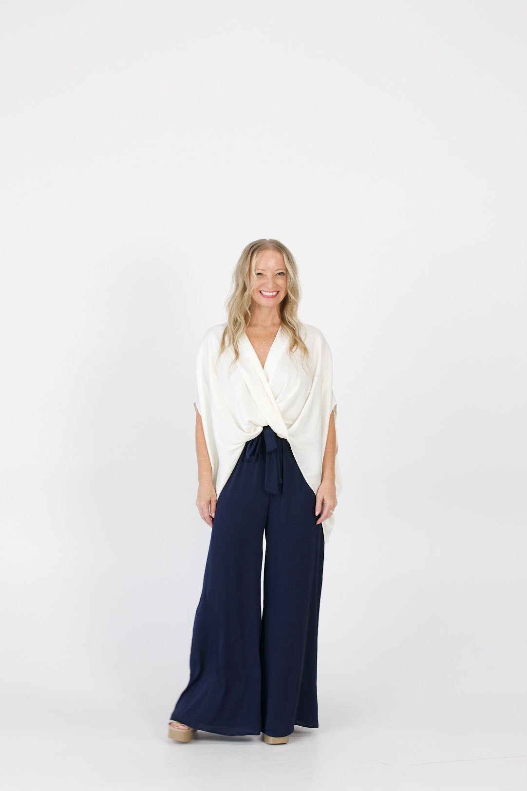 Tie Waist Wide Leg Pants - Navy