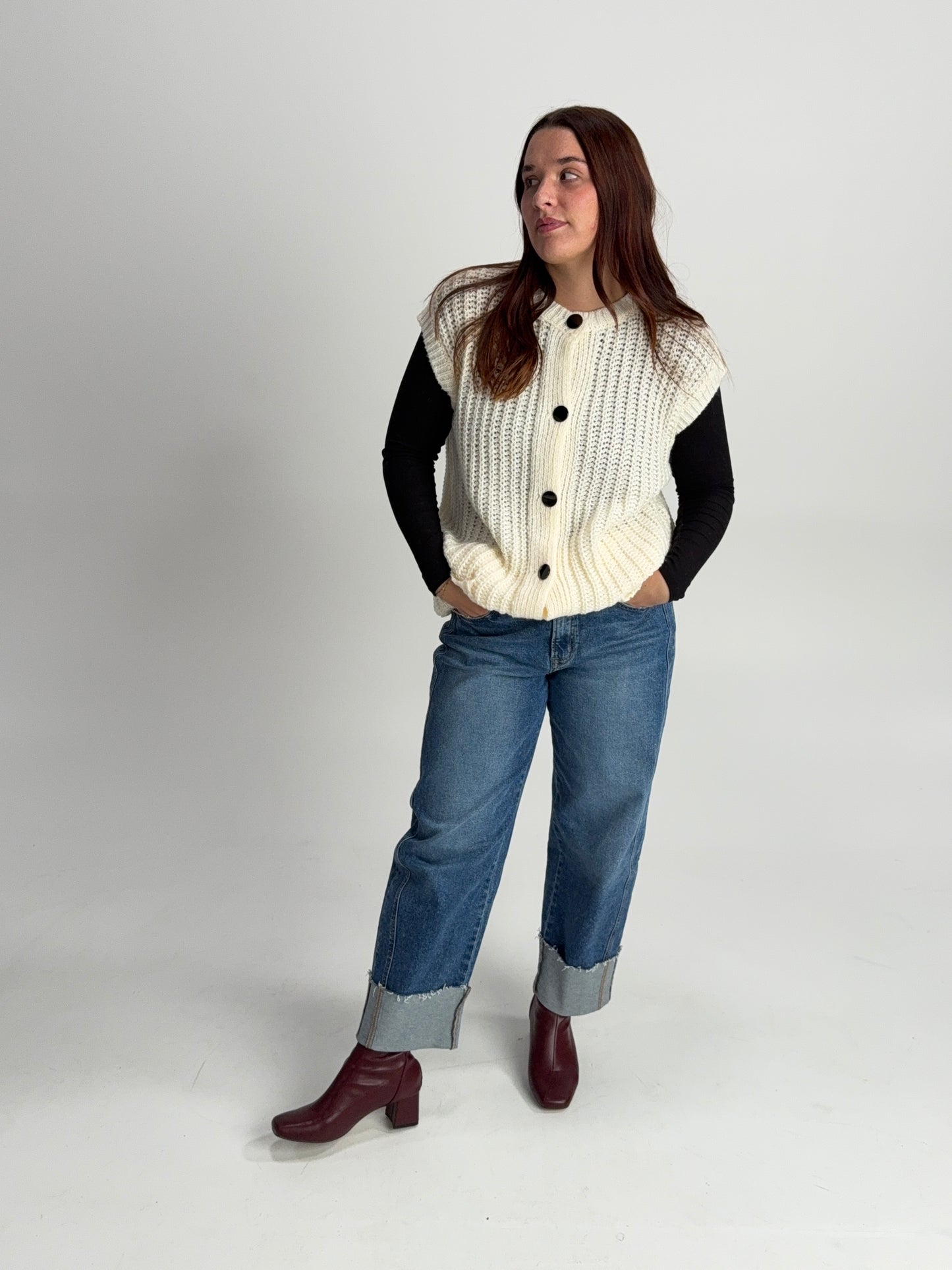 “Oversized chunky sweater vest — cozy, modern layering piece for winter.”
